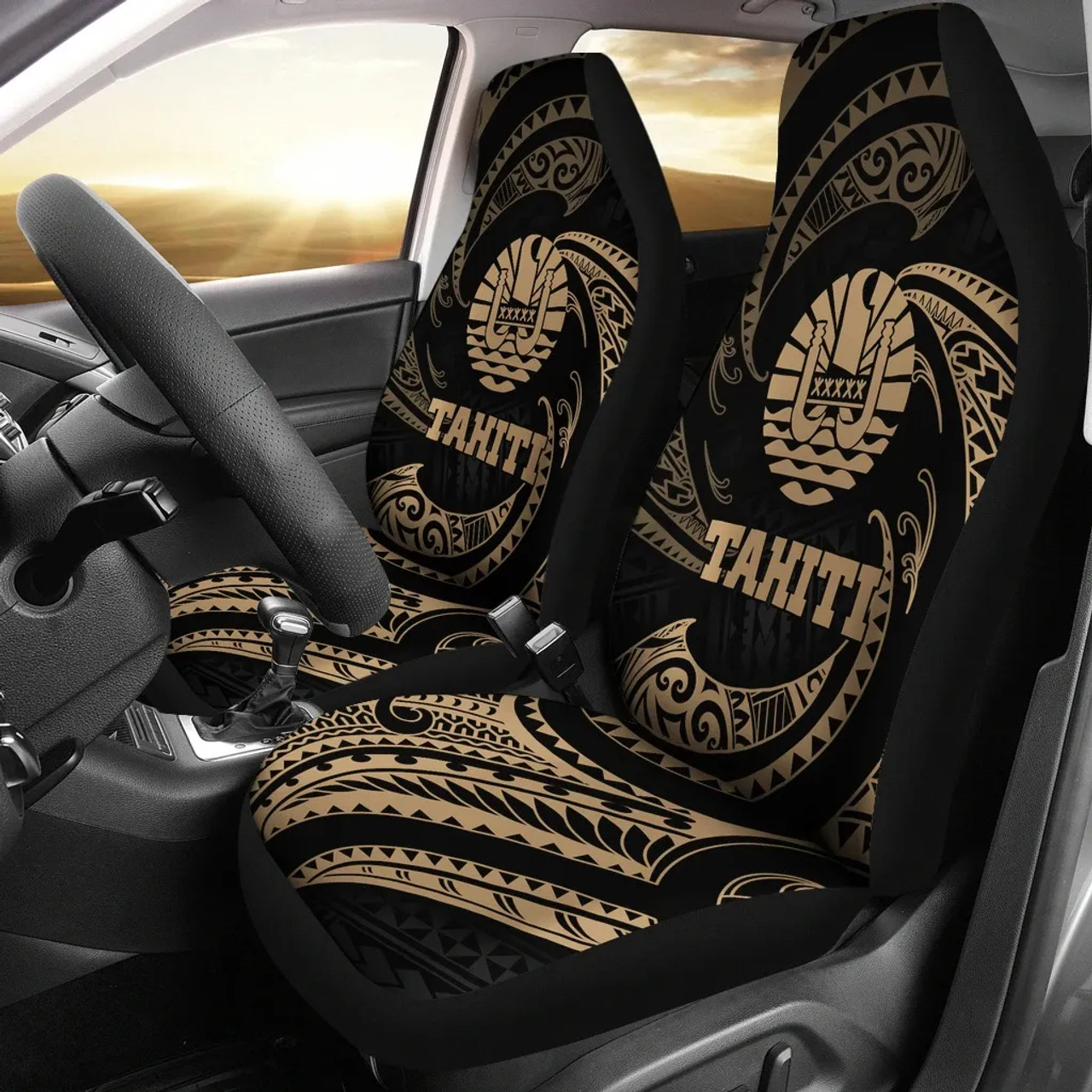 Tahiti Polynesian Car Seat Covers - Gold Tribal Wave