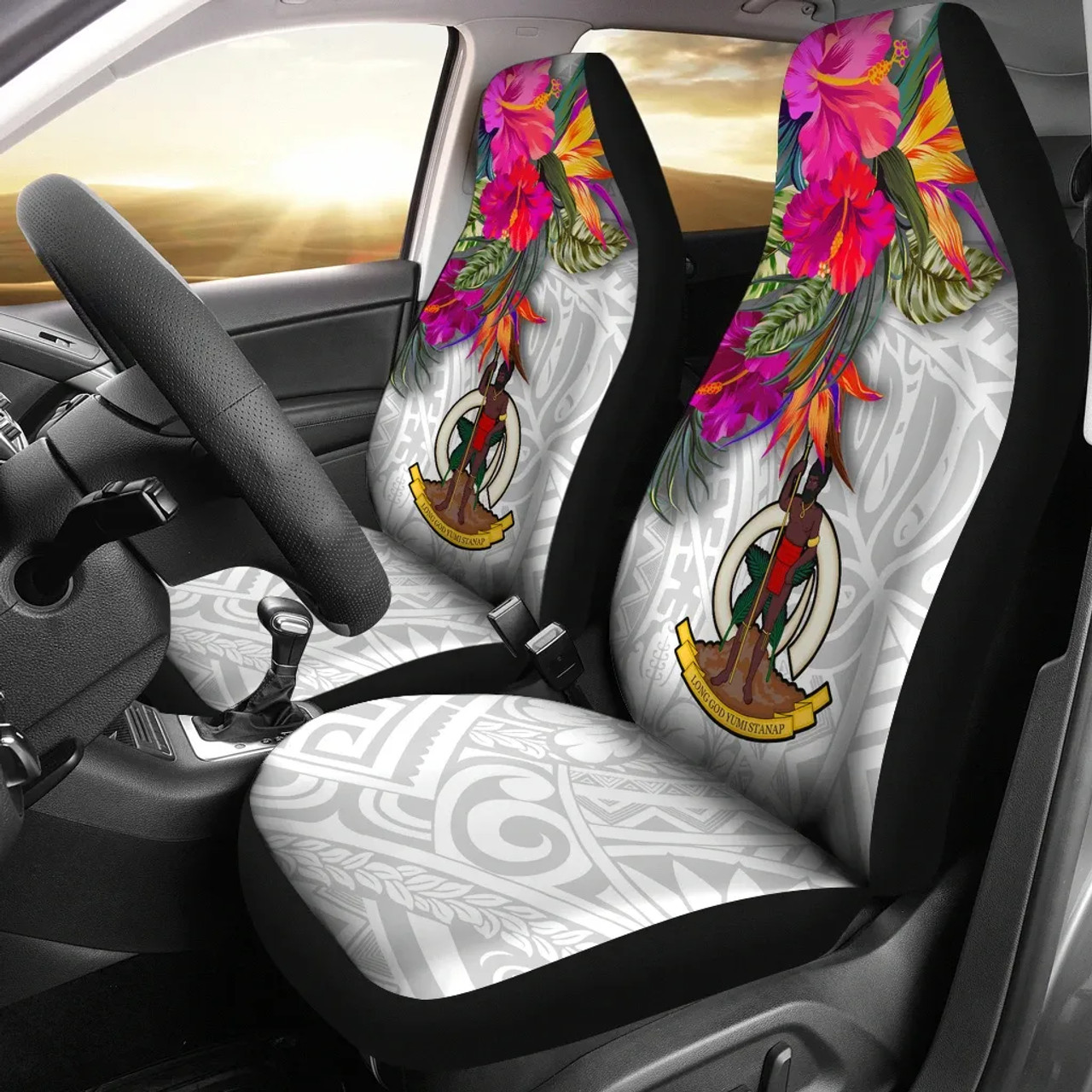 Vanuatu Car Seat Covers Polynesian Hibiscus White Pattern