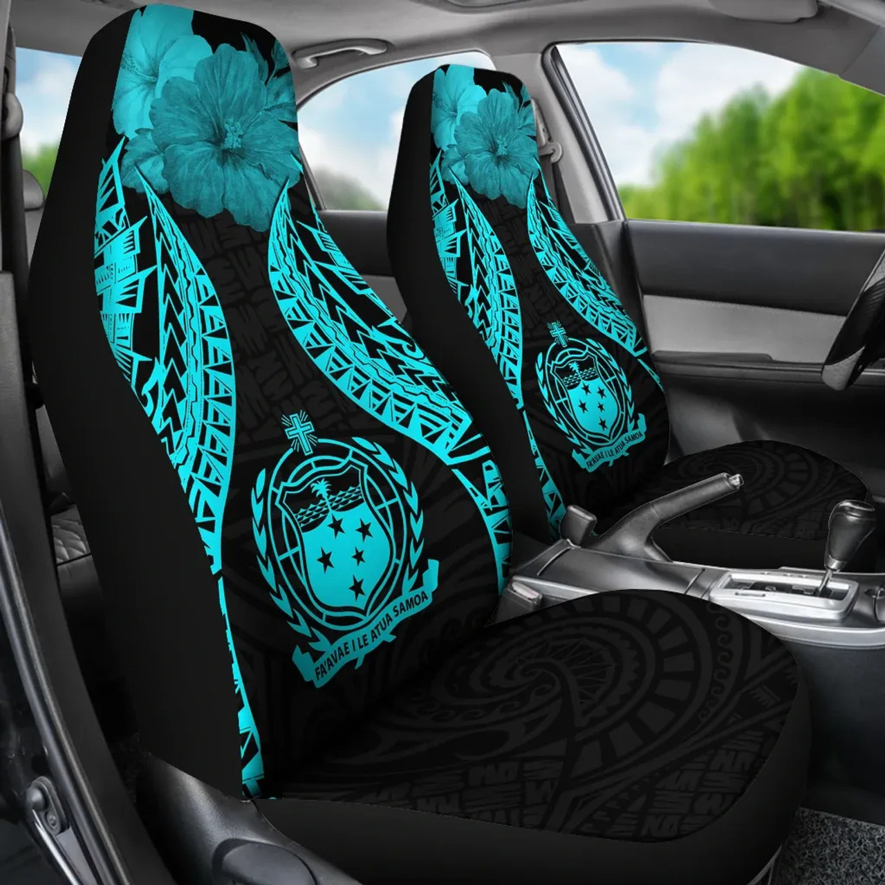 Samoa Polynesian Car Seat Covers Pride Seal And Hibiscus Neon Blue