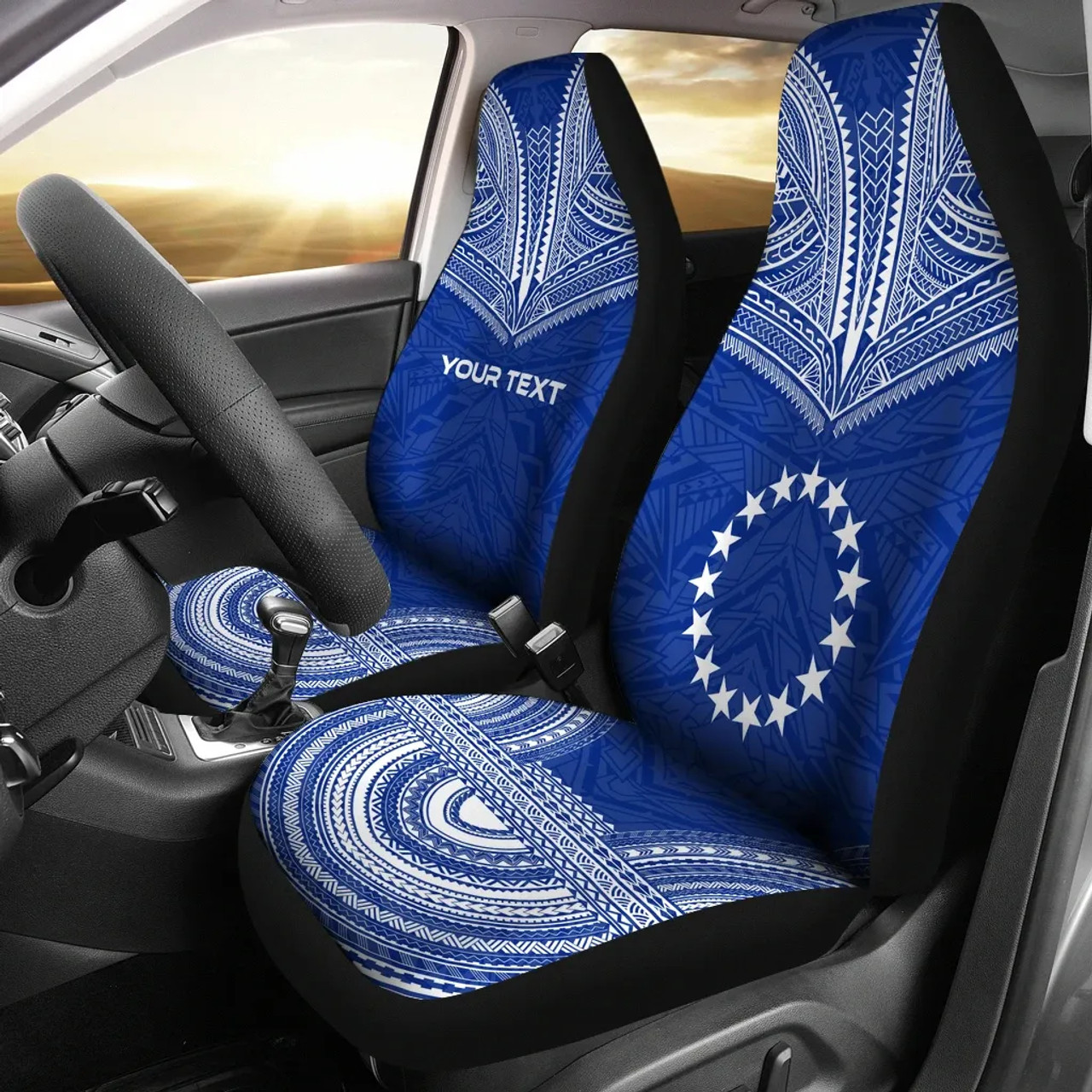 Cook Islands Custom Personalised Car Seat Cover - Cook Islands Flag Polynesian Chief Tattoo BLue Version