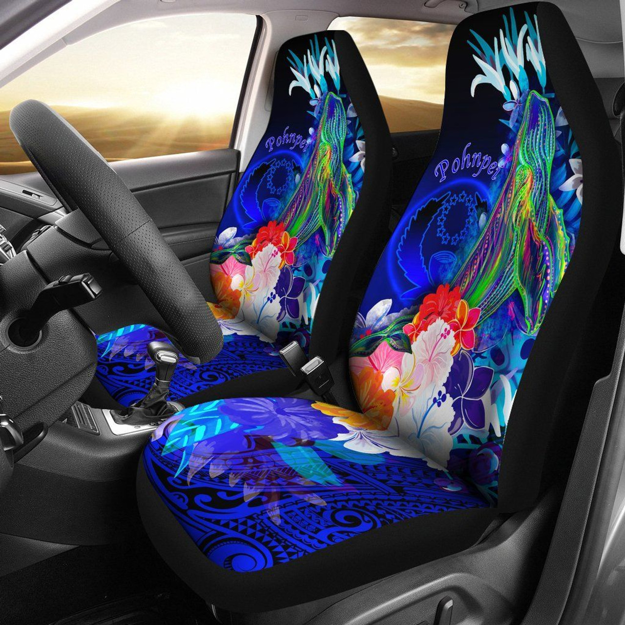 Pohnpei Custom Personalised Car Seat Covers - Humpback Whale with Tropical Flowers (Blue)