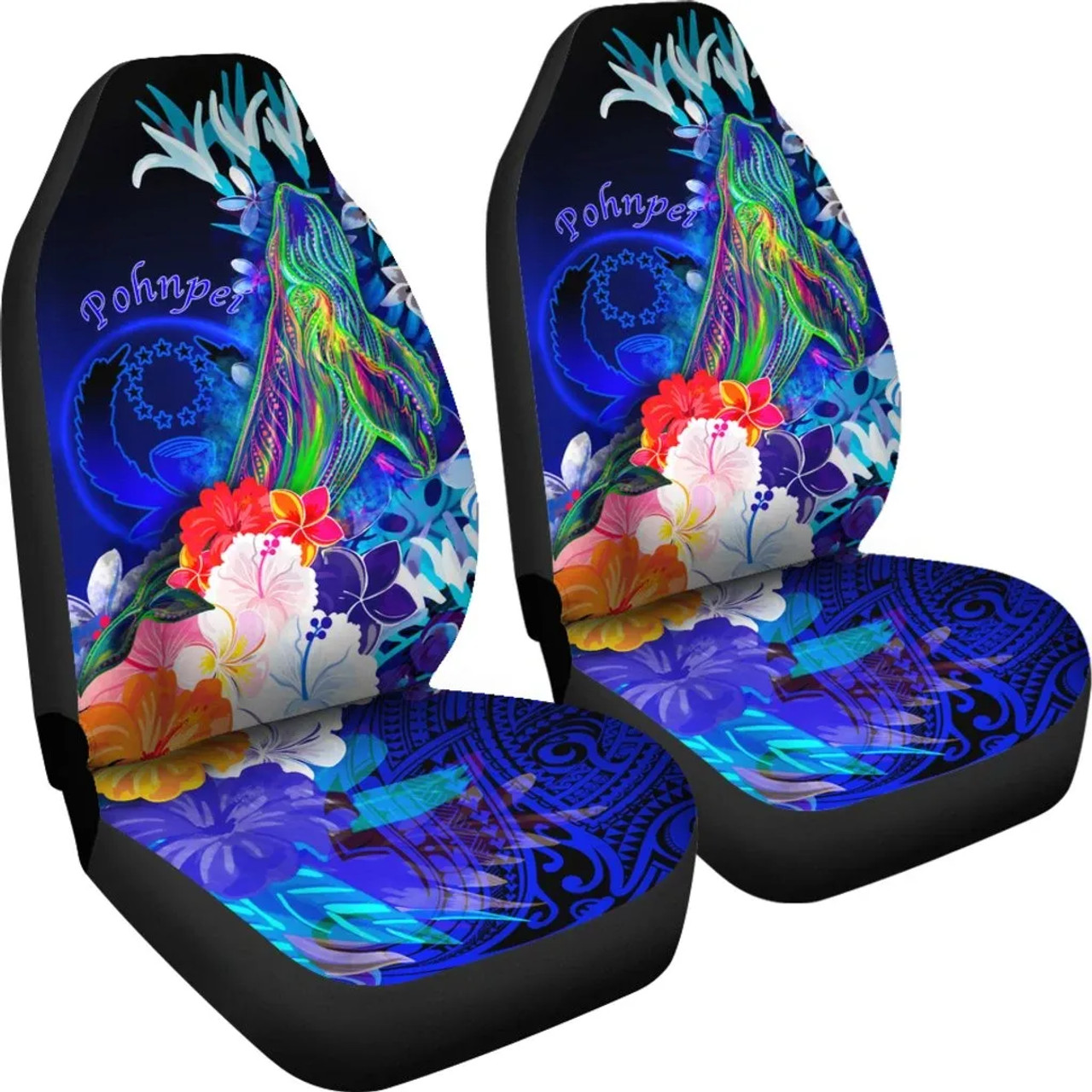 Pohnpei Custom Personalised Car Seat Covers - Humpback Whale with Tropical Flowers (Blue)