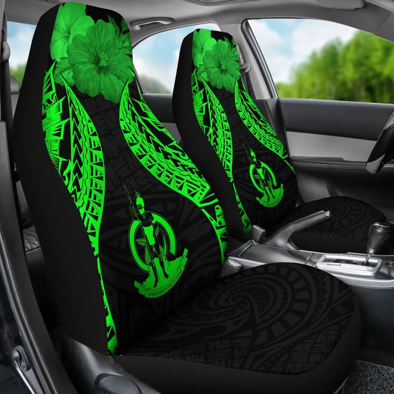 Vanuatu Polynesian Car Seat Covers Pride Seal And Hibiscus Green