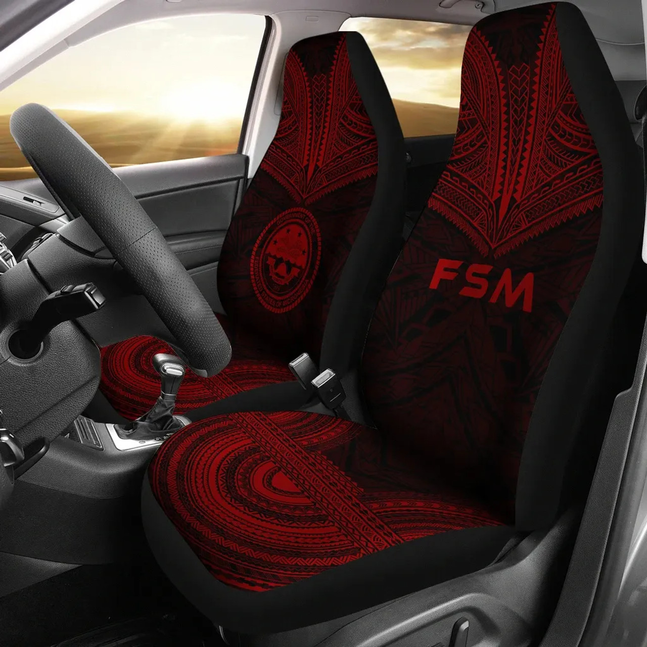 Federated States Of Micronesia Car Seat Cover - FSM Seal Polynesian Chief Tattoo Red Version