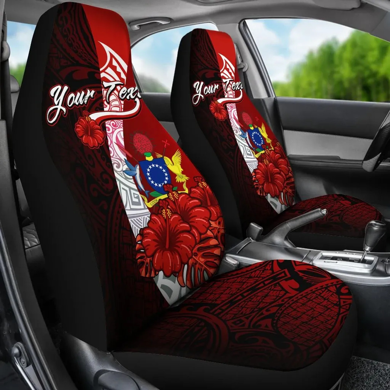 Cook Islands Polynesian Custom Personalised Car Seat Covers - Coat Of Arm With Hibiscus