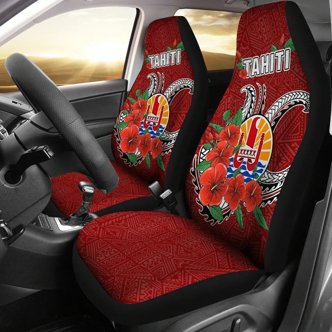Tahiti Polynesian Car Seat Covers - Hibiscus Coat of Arm Red