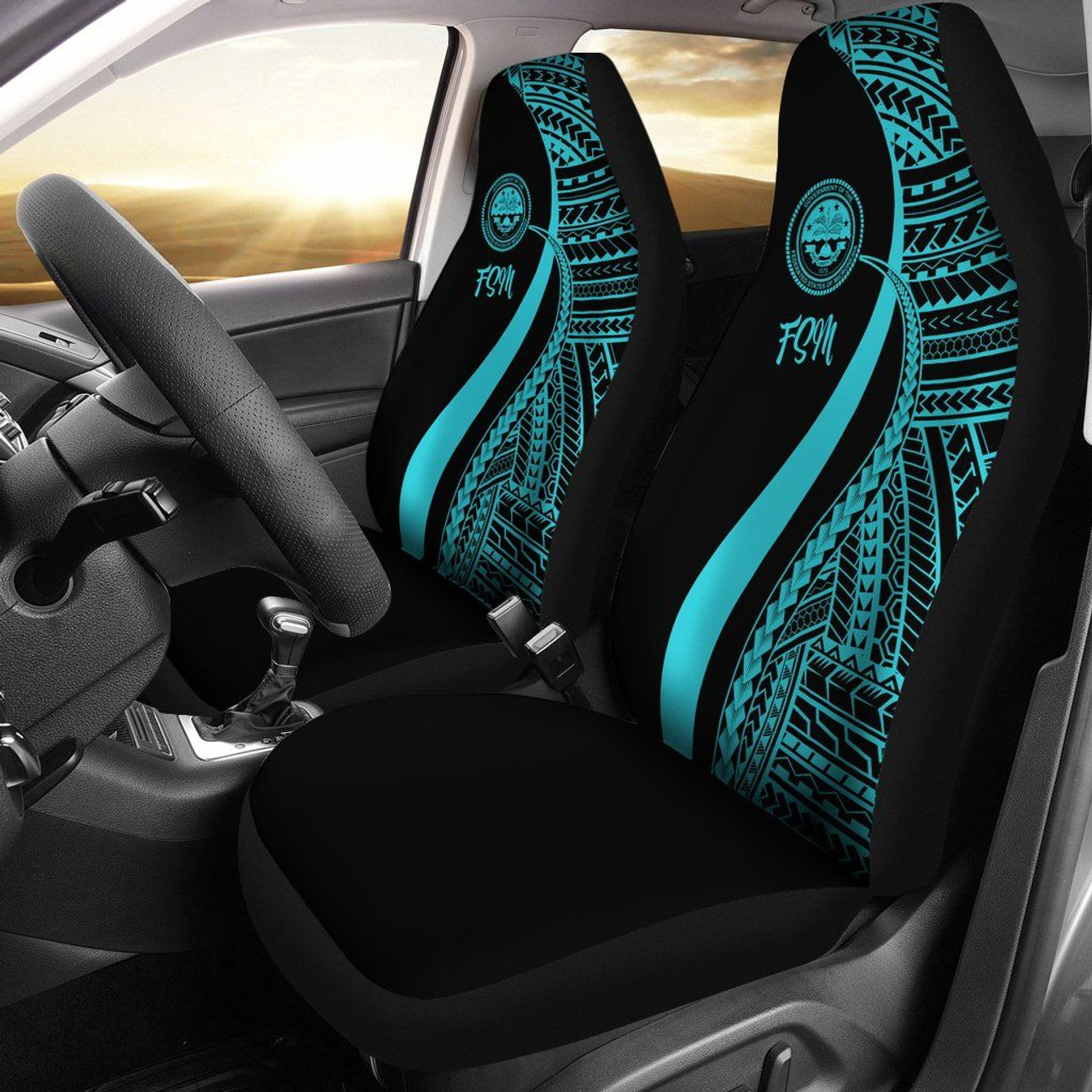 Federated States of Micronesia Car Seat Covers - Turquoise Polynesian Tentacle Tribal Pattern