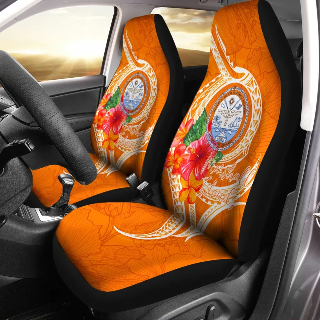 Marshall Islands Polynesian Car Seat Covers - Orange Floral With Seal