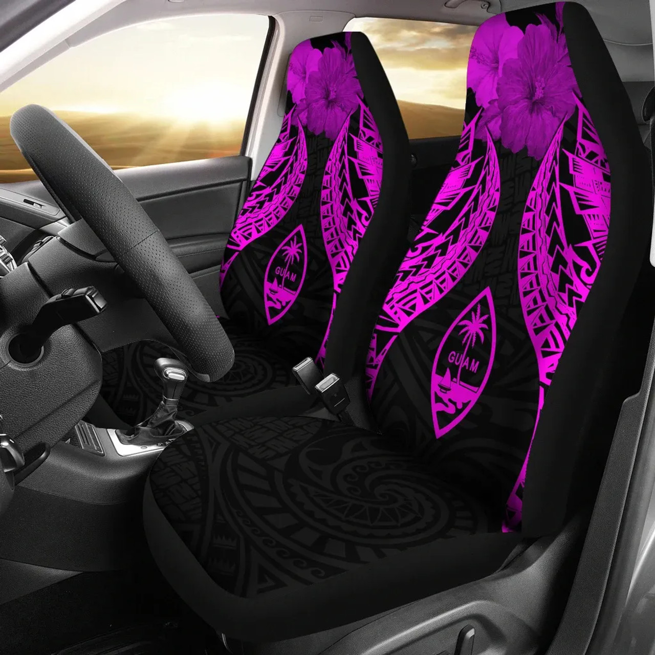 Guam Polynesian Car Seat Covers Pride Seal And Hibiscus Pink