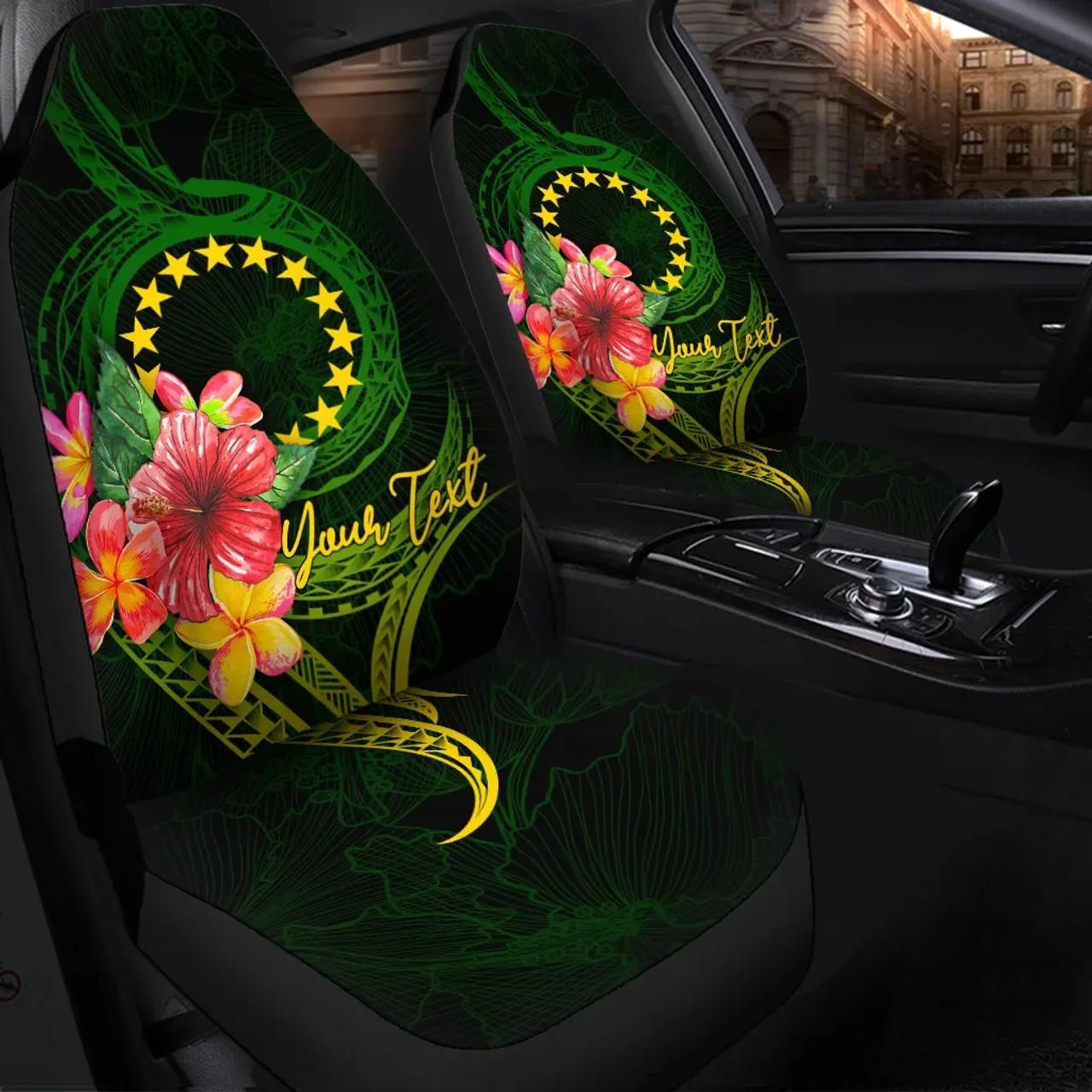 Cook Islands Polynesian Custom Personalised Car Seat Covers - Floral With Seal Flag Color