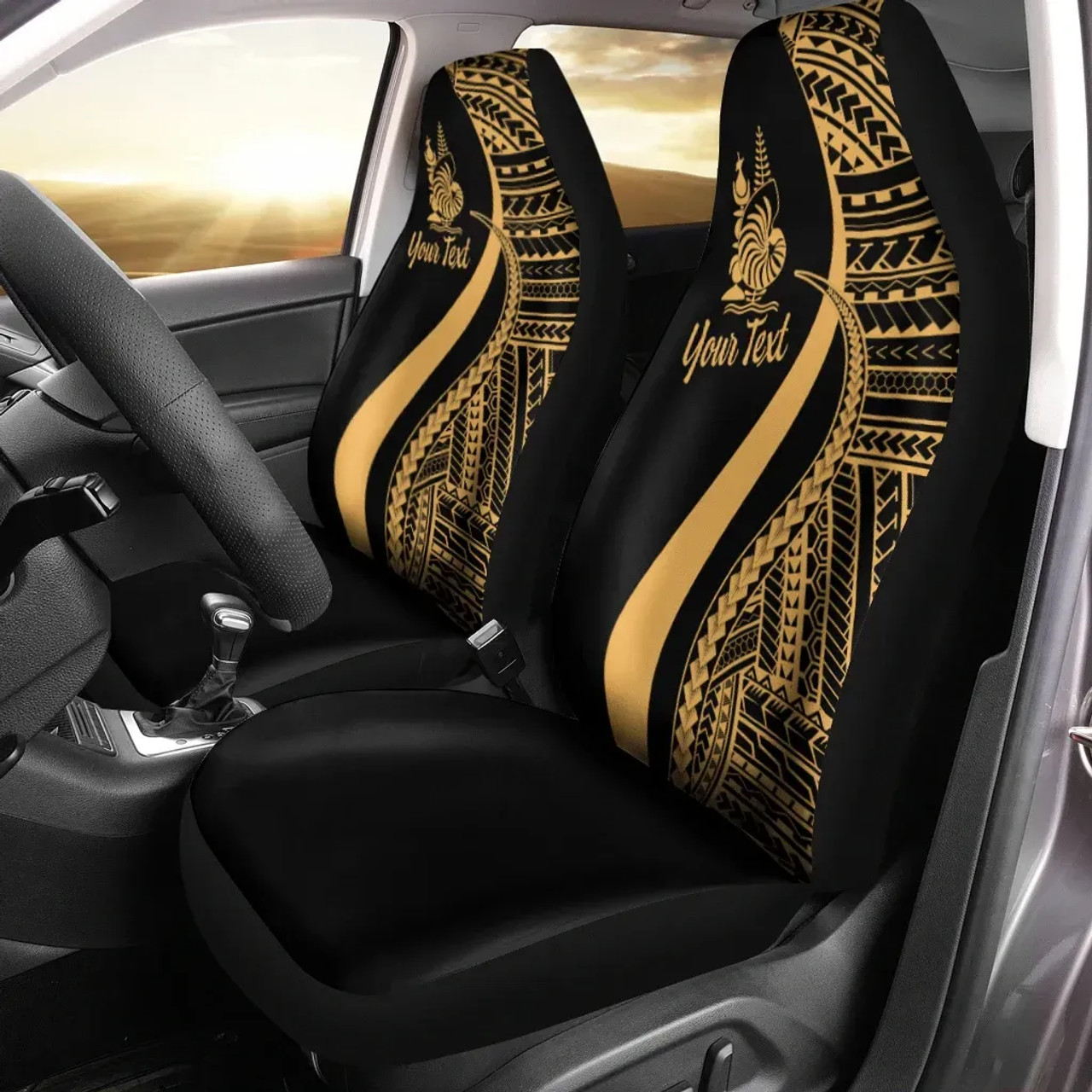 New Caledonia Custom Personalised Car Seat Covers - Gold Polynesian Tentacle Tribal Pattern Crest