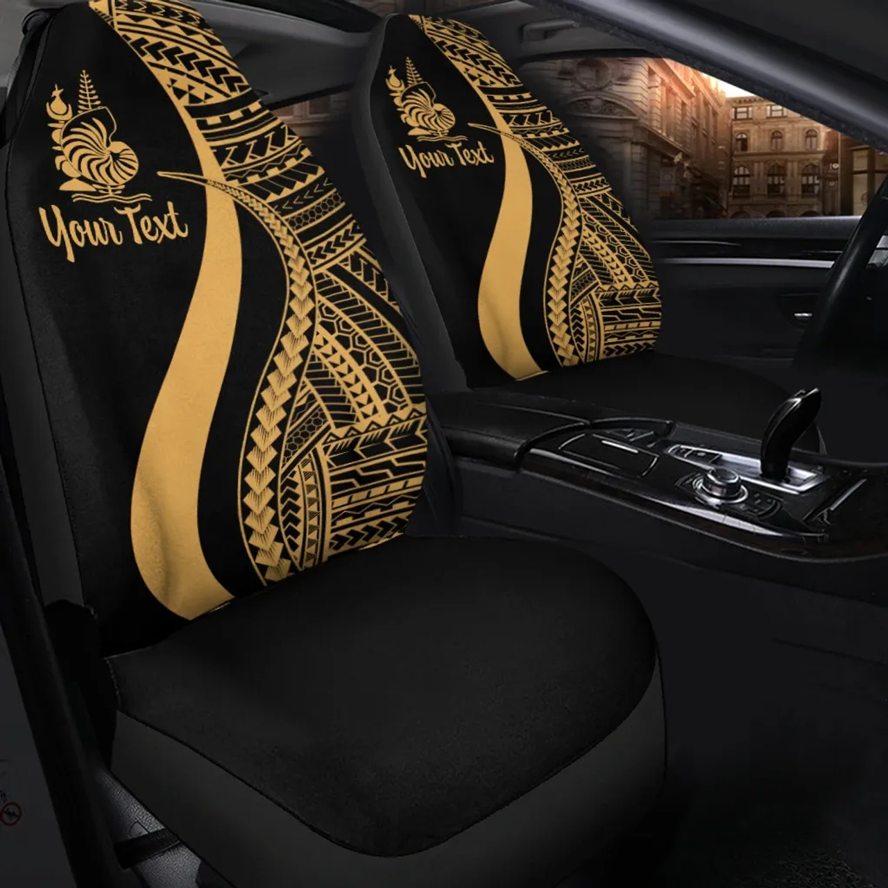 New Caledonia Custom Personalised Car Seat Covers - Gold Polynesian Tentacle Tribal Pattern Crest