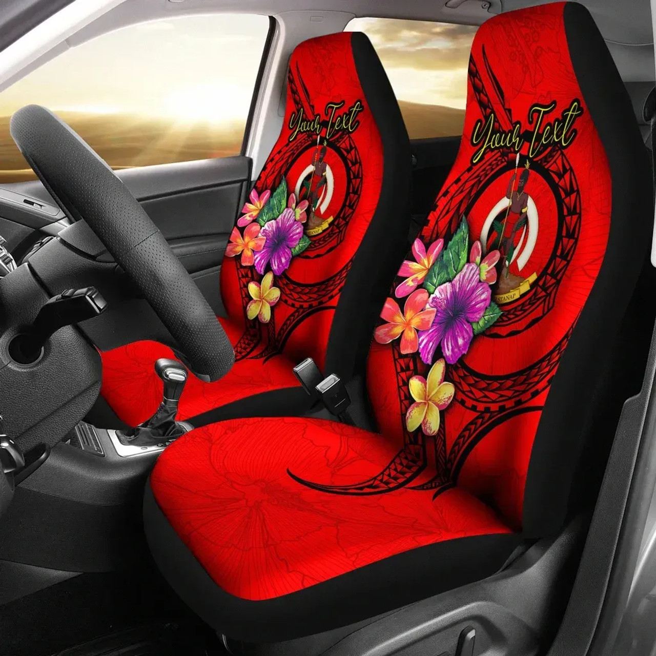 Vanuatu Polynesian Custom Personalised Car Seat Covers - Floral With Seal Red