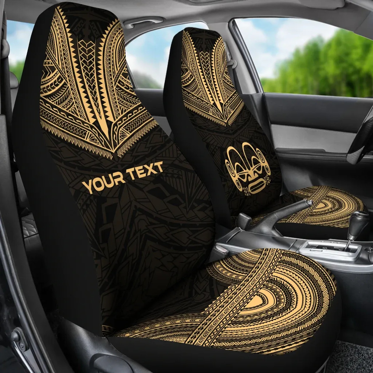 Marquesas Islands Custom Personalised Car Seat Cover - Tiki Face Polynesian Chief Tattoo Gold Version