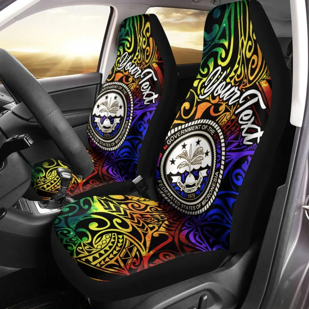Federated States of Micronesia Custom Personalised Car Seat Covers - Rainbow Polynesian Pattern