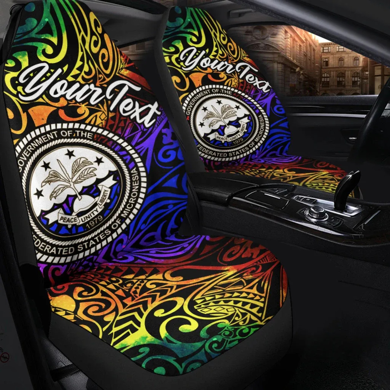 Federated States of Micronesia Custom Personalised Car Seat Covers - Rainbow Polynesian Pattern