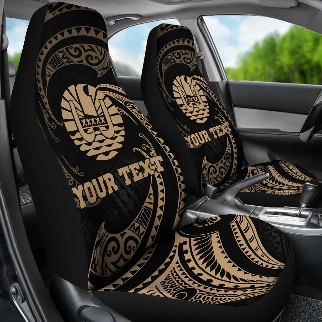 Tahiti Polynesian Custom Personalised Car Seat Covers - Gold Tribal Wave