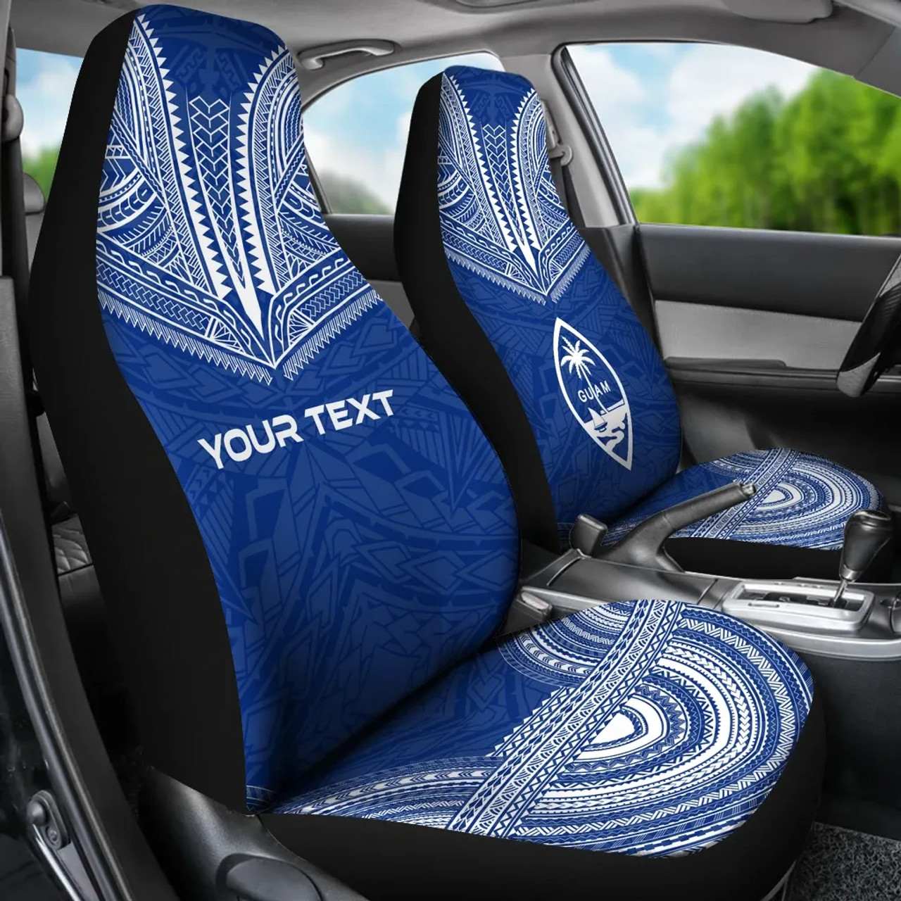 Guam Custom Personalised Car Seat Cover - Guam Flag Polynesian Chief Tattoo BLue Version