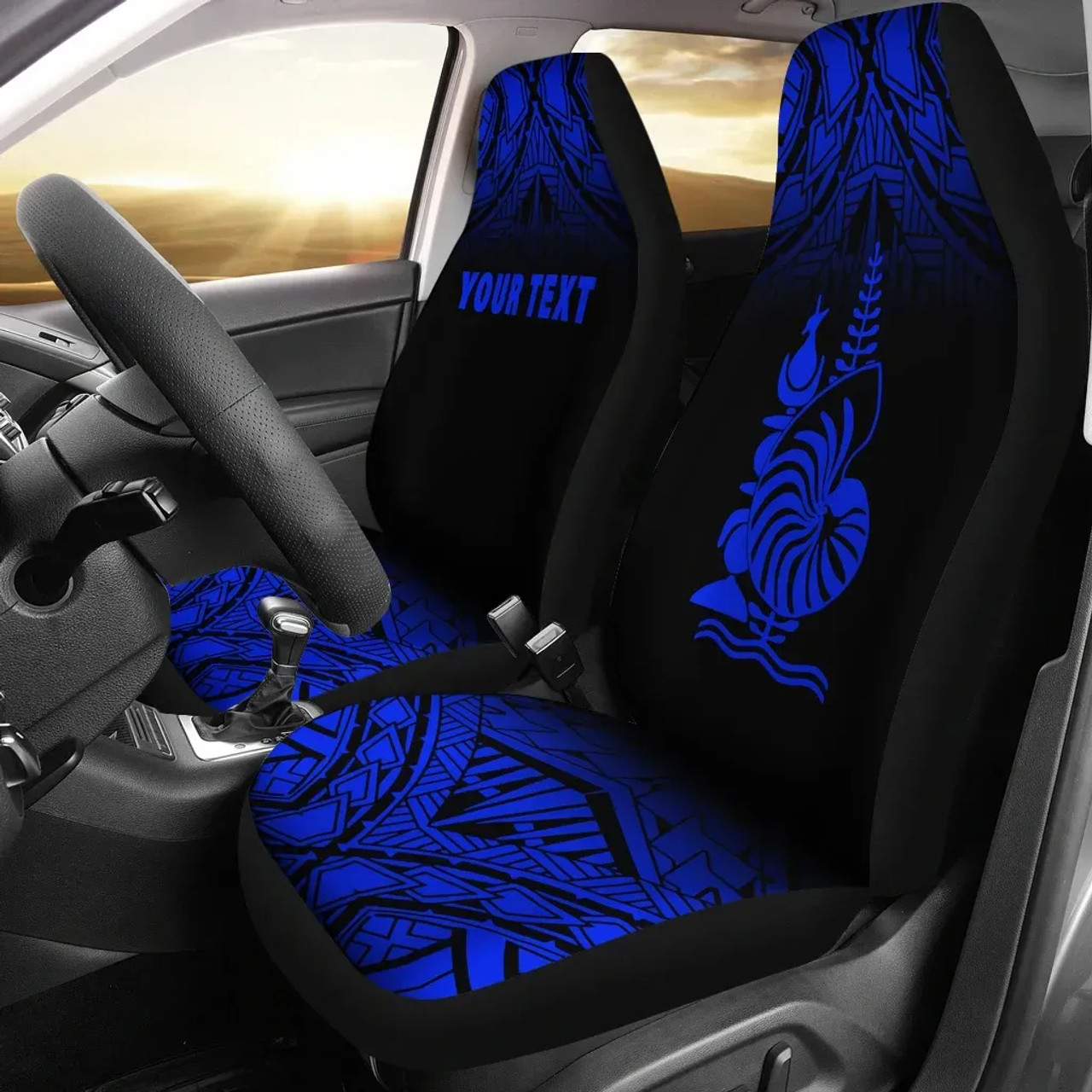 New Caledonia Custom Personalised Car Seat Covers - New Caledonia Coat Of Arms Polynesian Tattoo Fog Blue