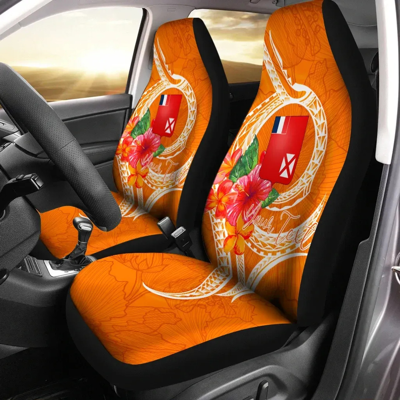 Wallis And Futuna Polynesian Custom Personalised Car Seat Covers - Orange Floral With Seal