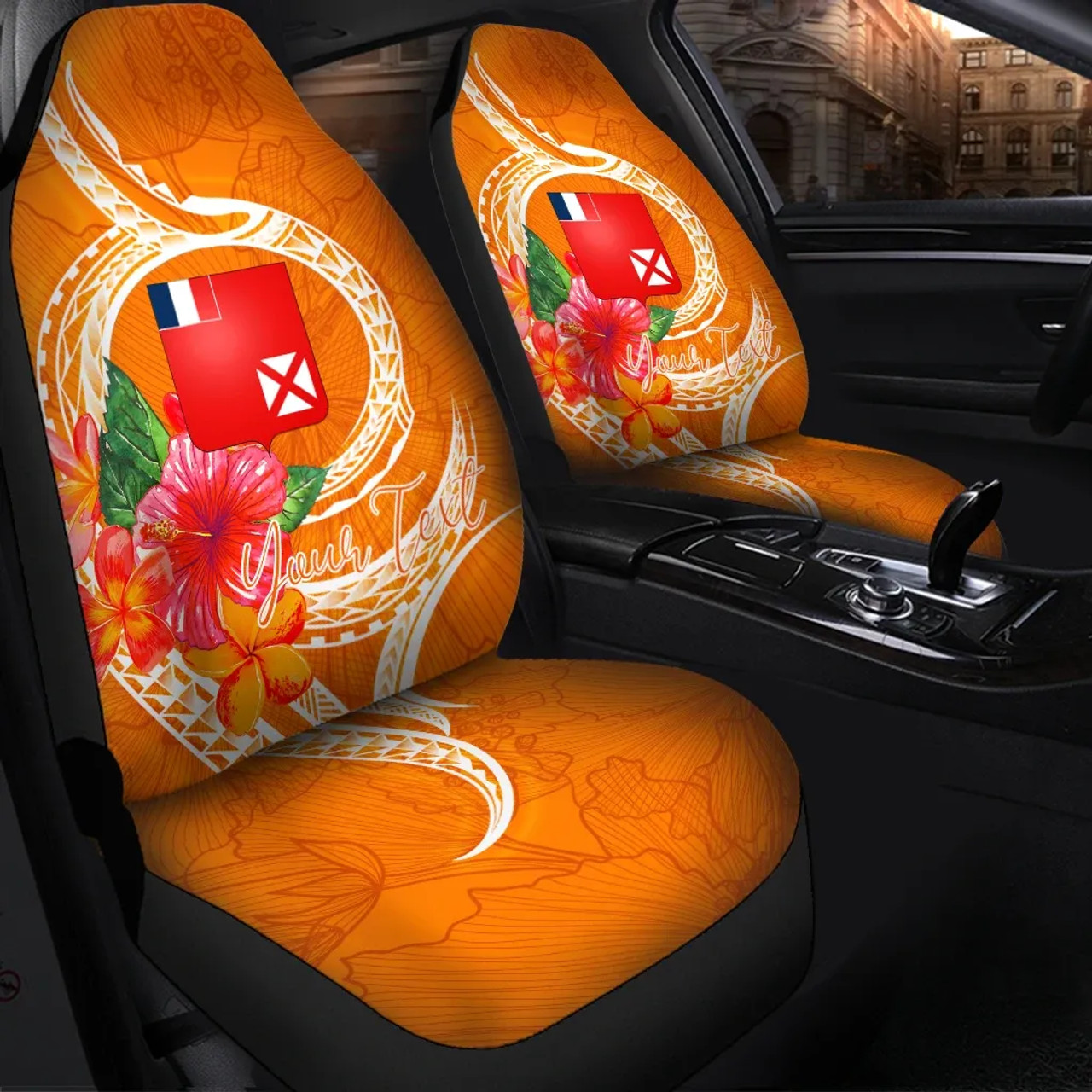 Wallis And Futuna Polynesian Custom Personalised Car Seat Covers - Orange Floral With Seal