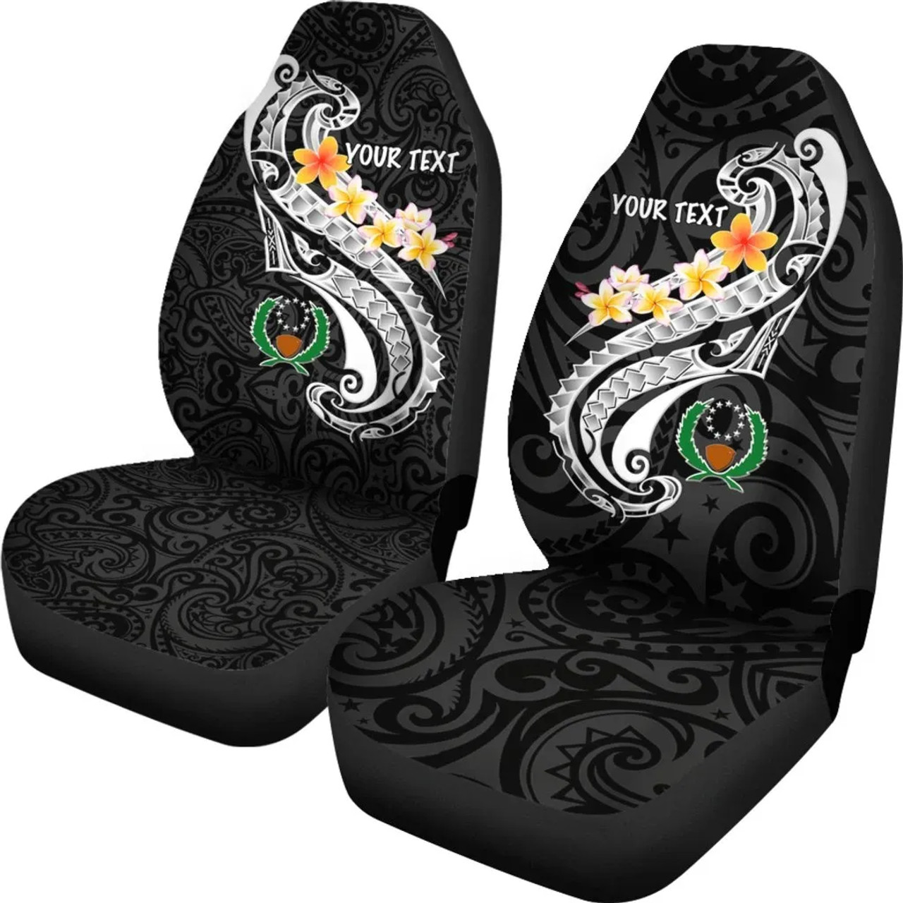 Pohnpei Custom Personalised Car Seat Covers - Pohnpei Seal Polynesian Patterns Plumeria (Black)