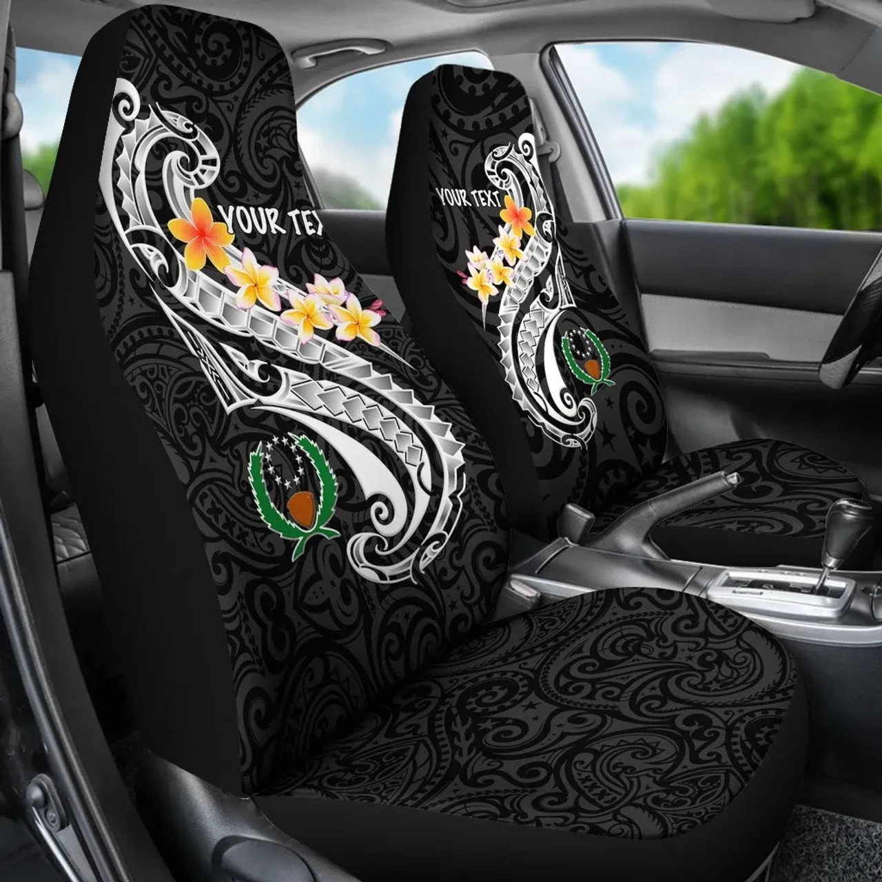 Pohnpei Custom Personalised Car Seat Covers - Pohnpei Seal Polynesian Patterns Plumeria (Black)
