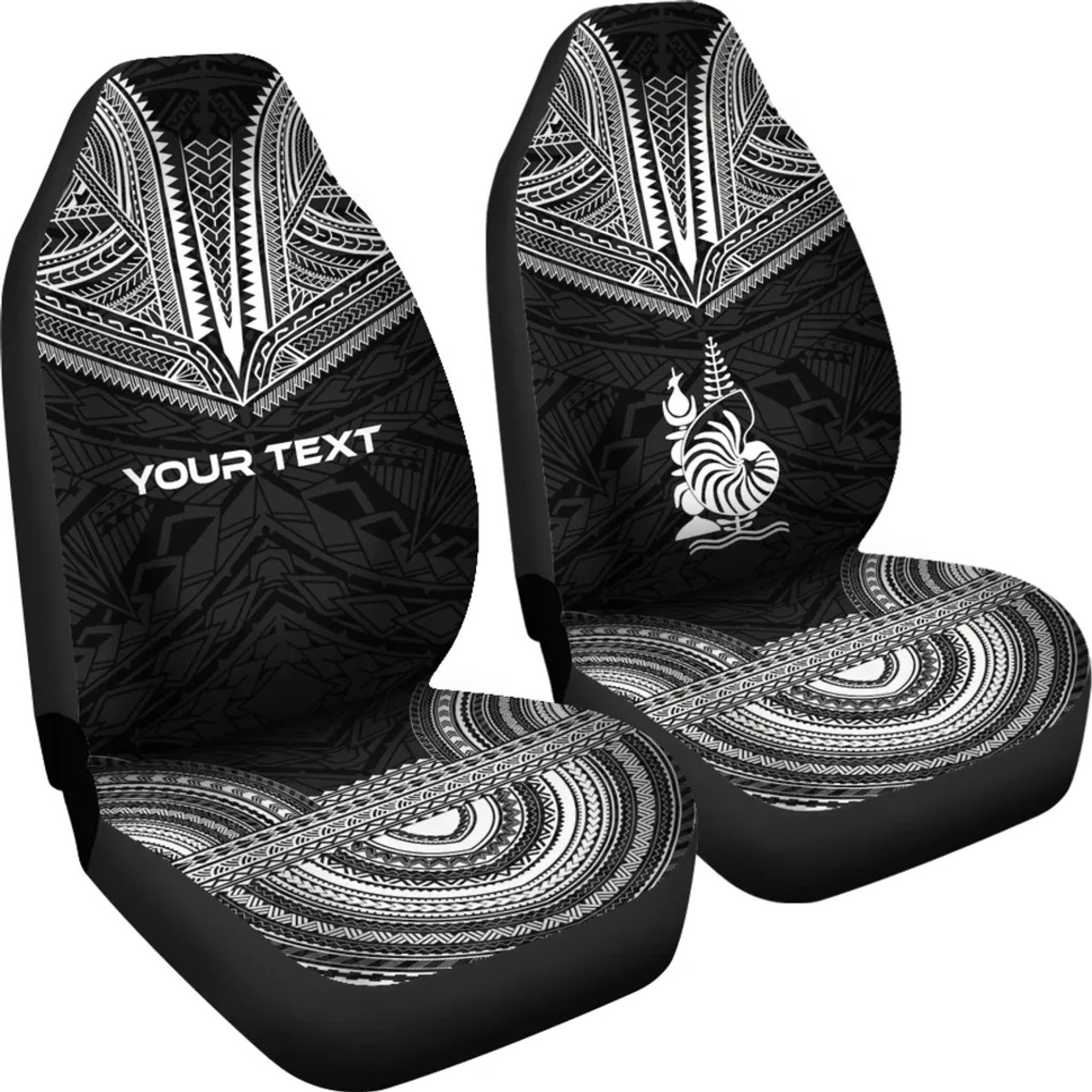 New Caledonia Custom Personalised Car Seat Cover - New Caledonia Coat Of Arms Polynesian Chief Tattoo Black Version