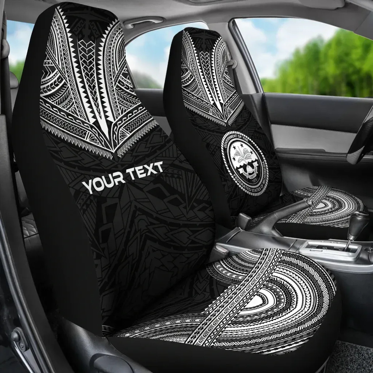 Federated States of Micronesia Custom Personalised Car Seat Cover - FSM Seal Polynesian Chief Tattoo Black Version