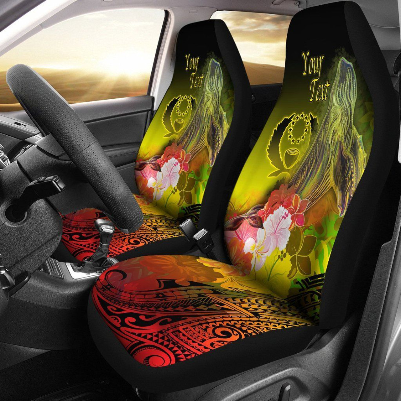 Pohnpei Custom Personalised Car Seat Covers - Humpback Whale with Tropical Flowers (Yellow)