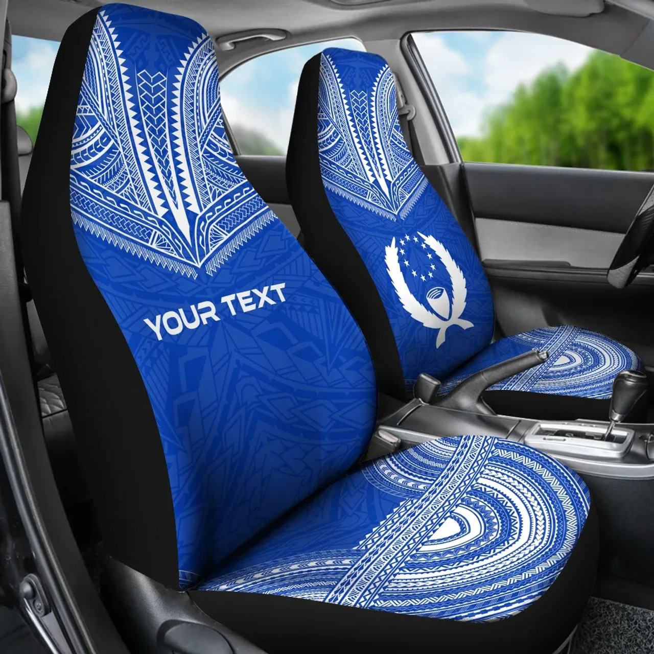 Pohnpei Custom Personalised Car Seat Cover - Pohnpei Flag Polynesian Chief Tattoo Blue Version