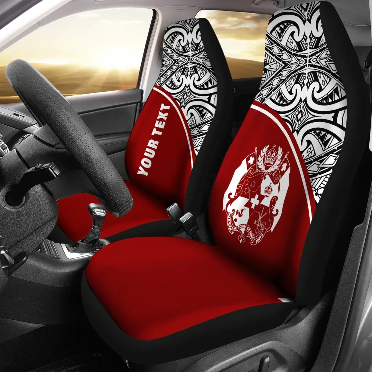 Tonga Custom Personalised Car Seat Covers - Tonga Coat Of Arms Polynesian Red Curve