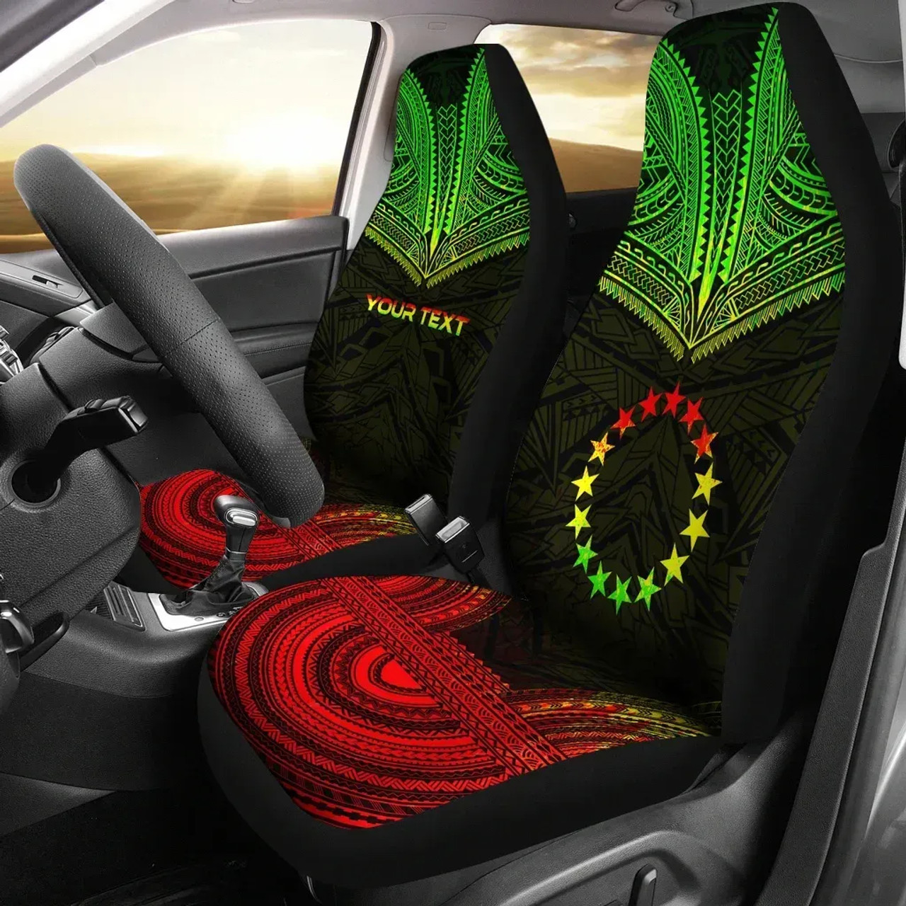 Cook Islands Custom Personalised Car Seat Cover - Cook Islands Flag Polynesian Chief Tattoo Reggae Version