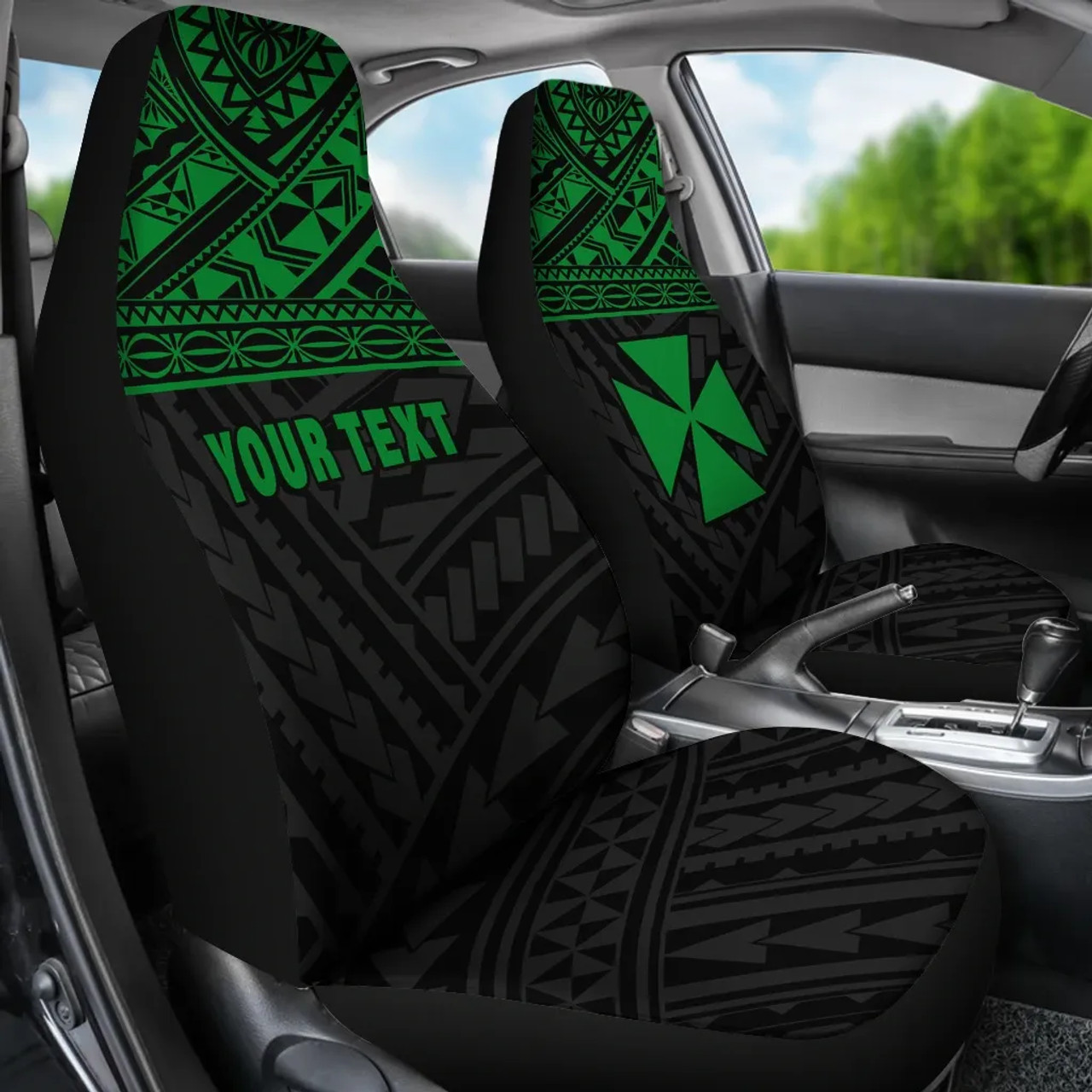 Wallis and Futuna Polynesian Custom Personalised Car Seat Covers - Wallis and Futuna Green Coat Of Arms Polynesian Tattoo