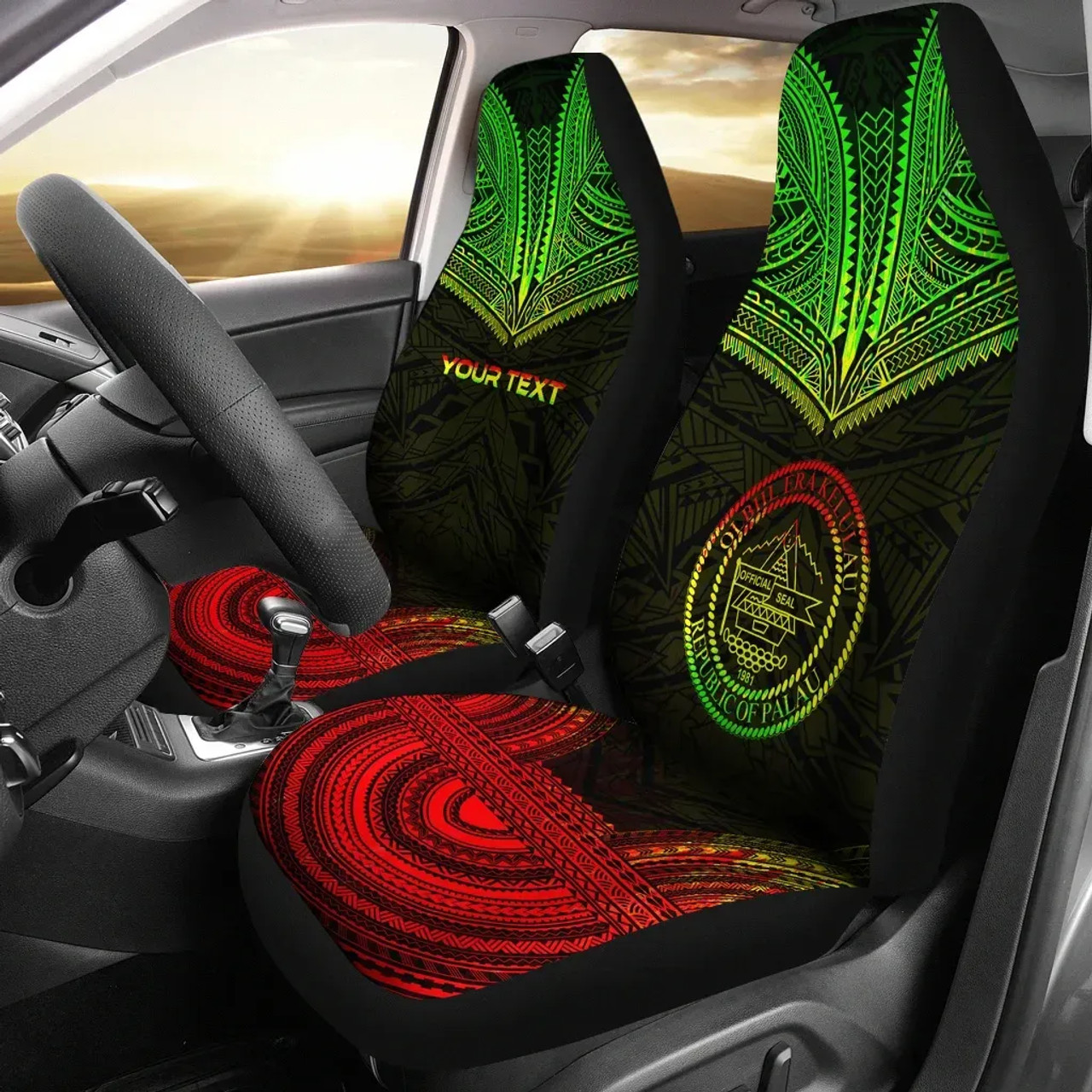 Palau Custom Personalised Car Seat Cover - Palau Seal Polynesian Chief Tattoo Reggae Version