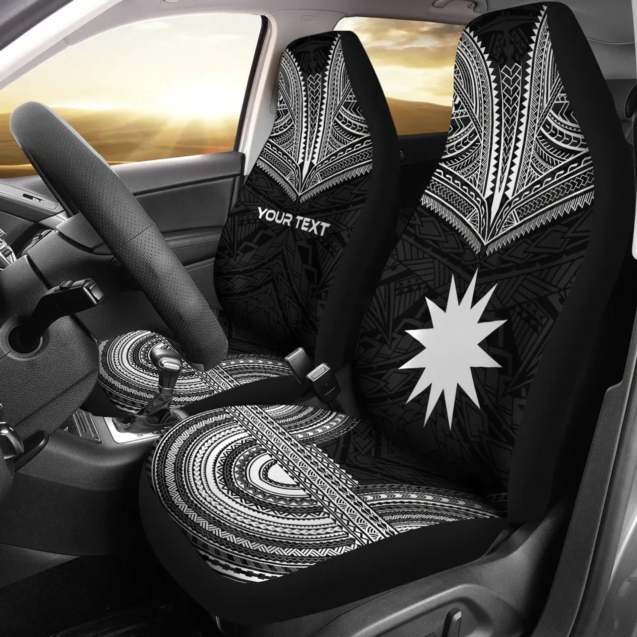 Nauru Custom Personalised Car Seat Cover - Nauru Flag Polynesian Chief Tattoo Black Version