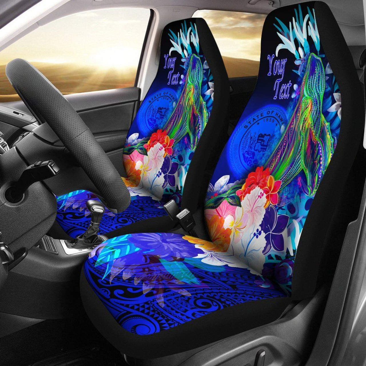 Polynesian Hawaii Custom Personalised Car Seat Covers - Humpback Whale with Tropical Flowers (Blue)