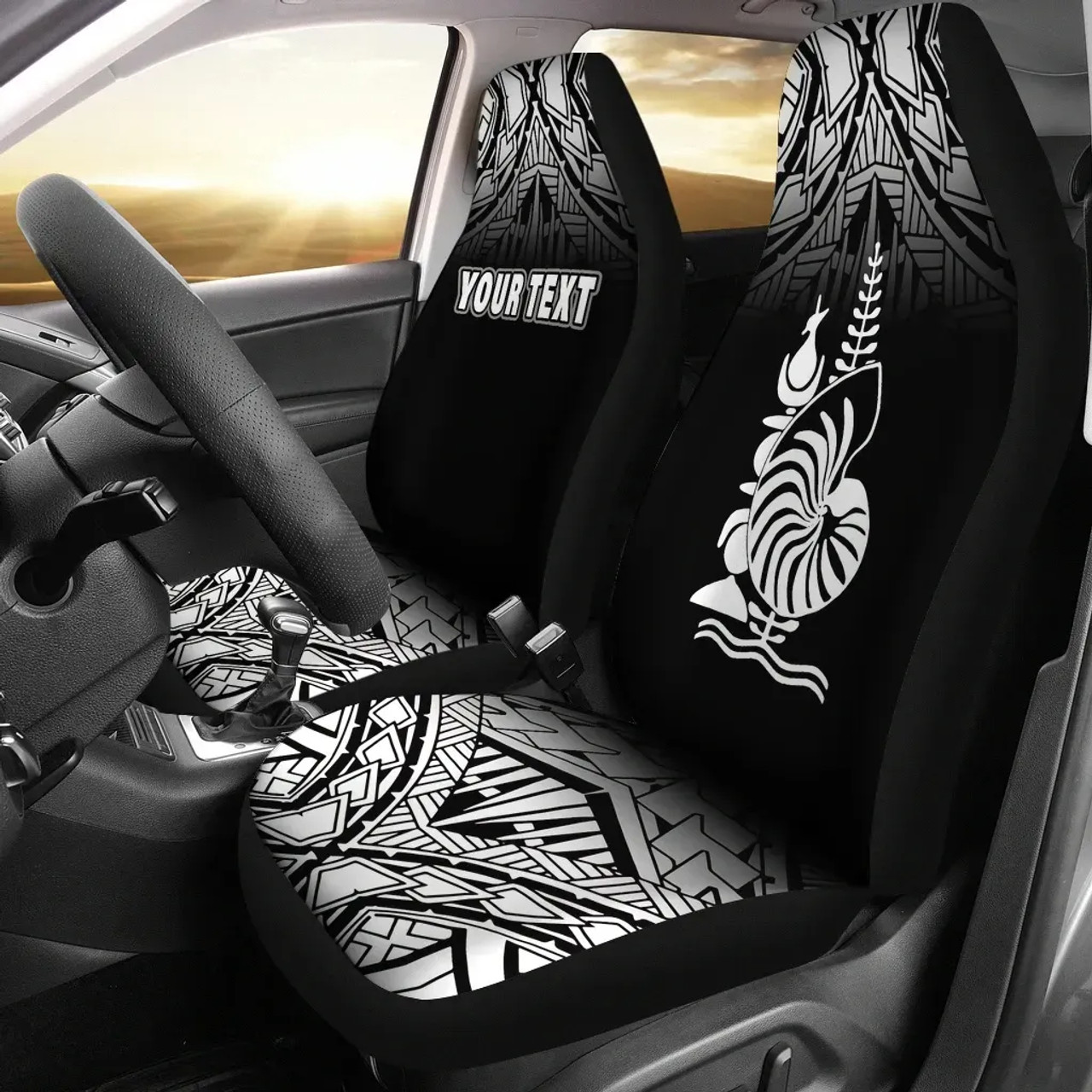 New Caledonia Custom Personalised Car Seat Covers - New Caledonia Coat Of Arms Polynesian Tattoo Fog Black