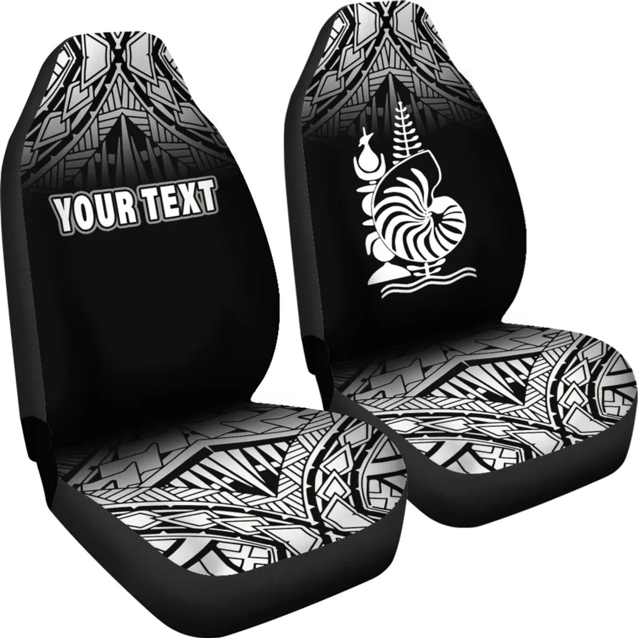 New Caledonia Custom Personalised Car Seat Covers - New Caledonia Coat Of Arms Polynesian Tattoo Fog Black