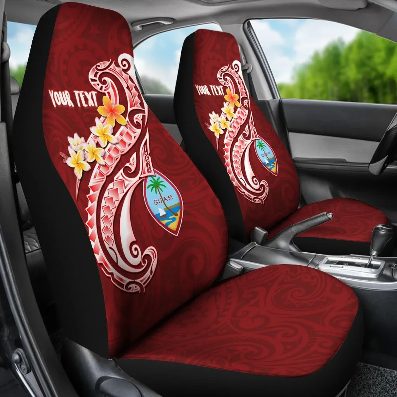 Guam Personalised Car Seat Covers  - Guam Seal Polynesian Patterns Plumeria (Red)