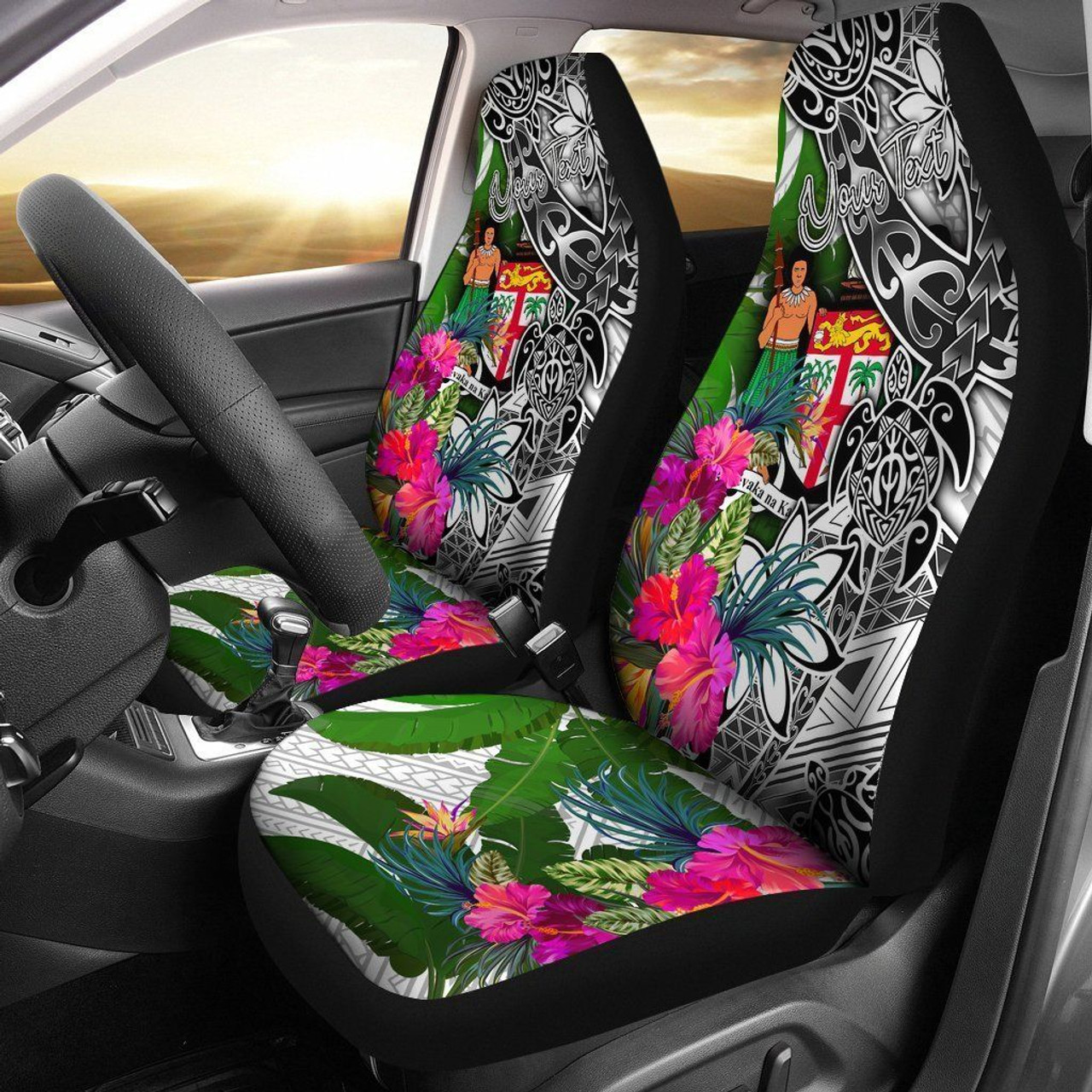Fiji Custom Personalised Car Seat Covers White - Turtle Plumeria Banana Leaf Crest