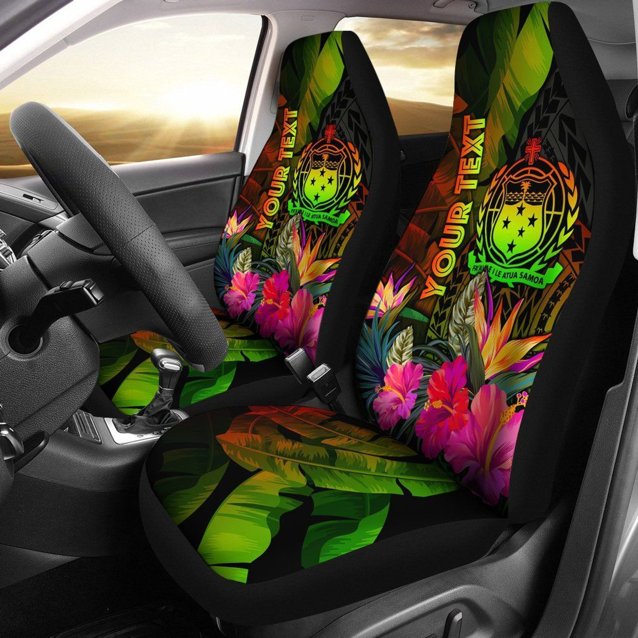 Samoa Polynesian Personalised Car Seat Covers -  Hibiscus and Banana Leaves