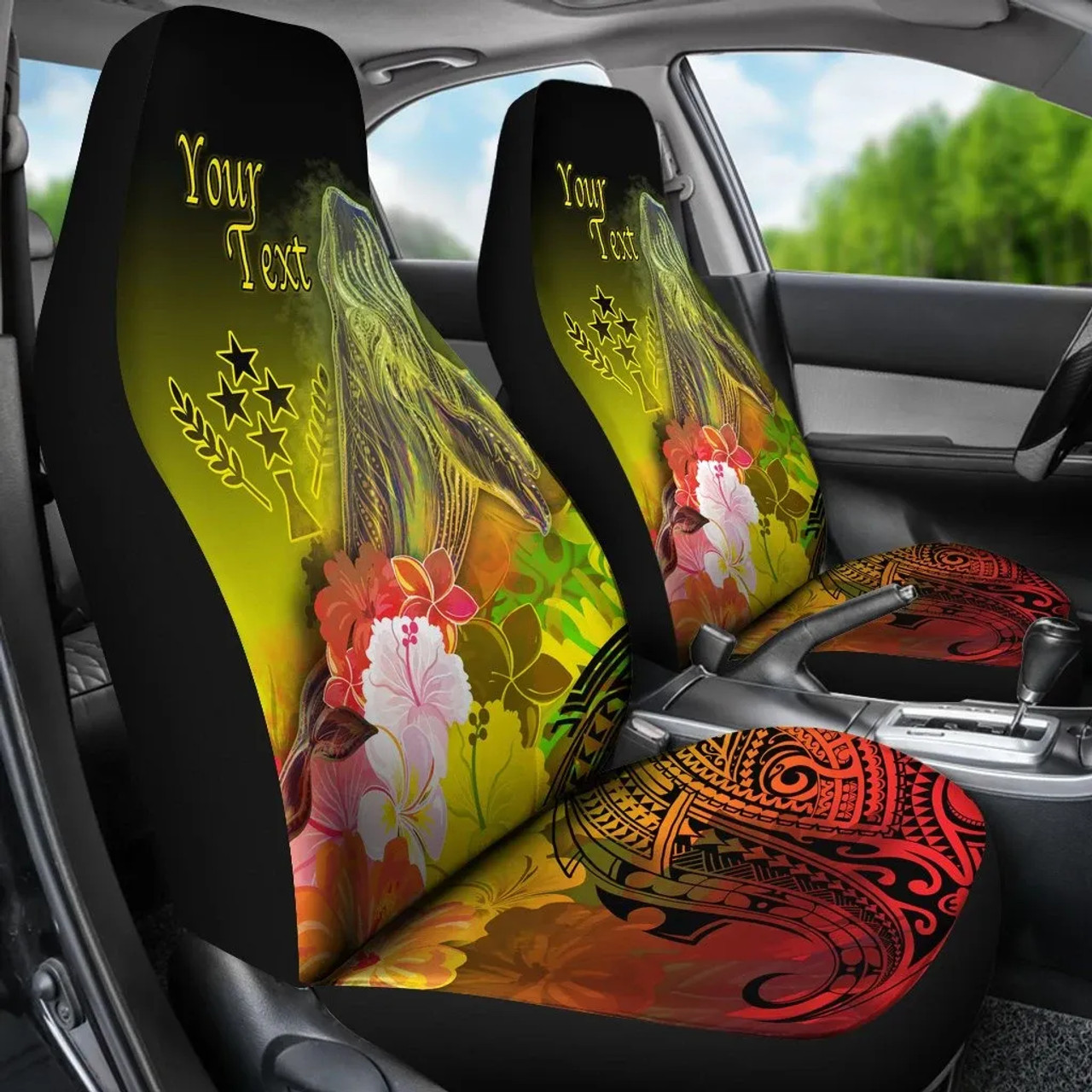 Kosrae Custom Personalised Car Seat Covers - Humpback Whale with Tropical Flowers (Yellow)