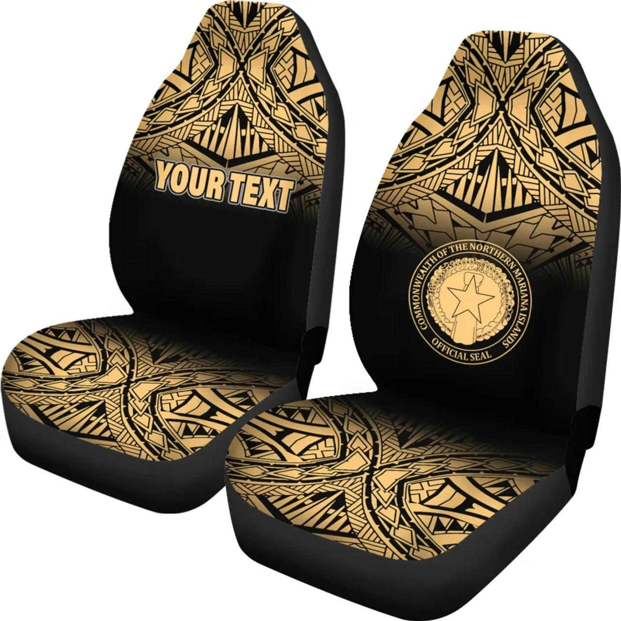 Northern Mariana Islands Custom Personalised Car Seat Covers - CNMI Seal Polynesian Tattoo Fog Gold