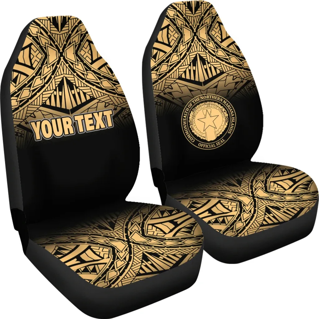 Northern Mariana Islands Custom Personalised Car Seat Covers - CNMI Seal Polynesian Tattoo Fog Gold