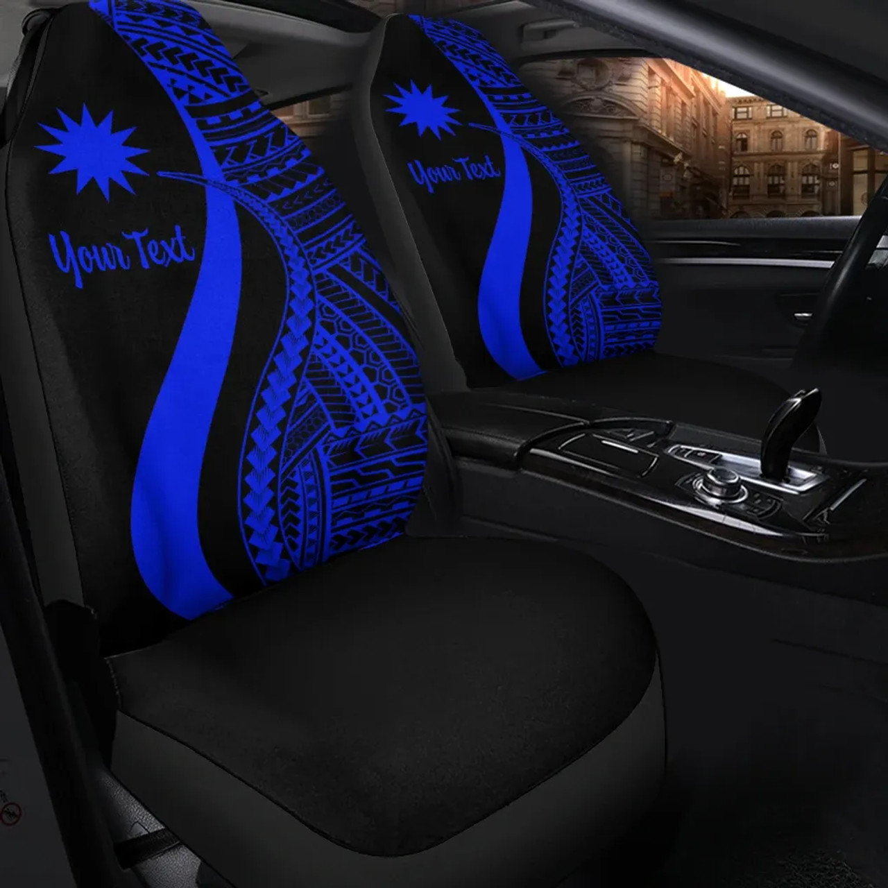 Nauru Custom Personalised Car Seat Covers - Blue Polynesian Tentacle Tribal Pattern