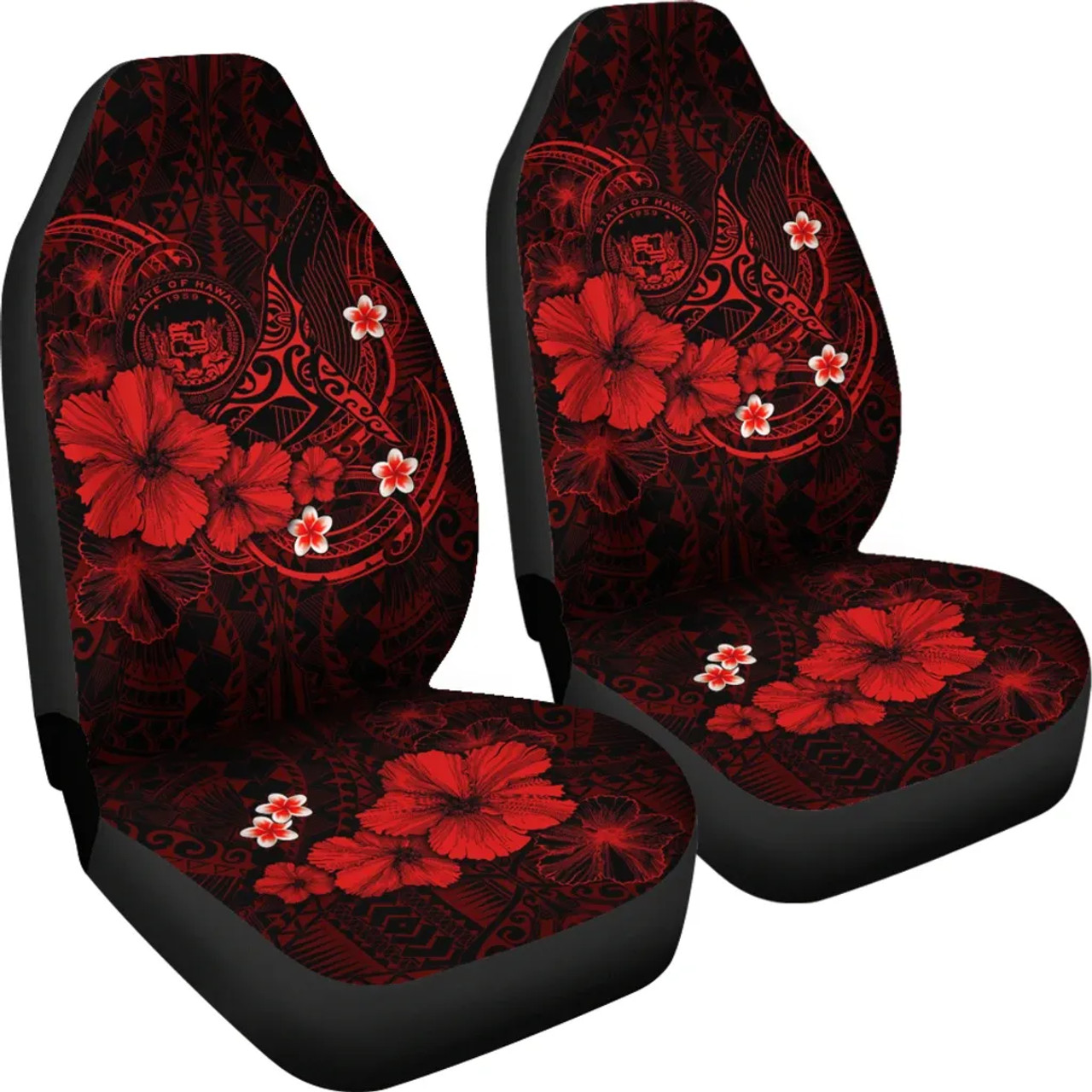 Polynesian Hawaii Car Seat Covers - Humpback Whale with Hibiscus (Red)