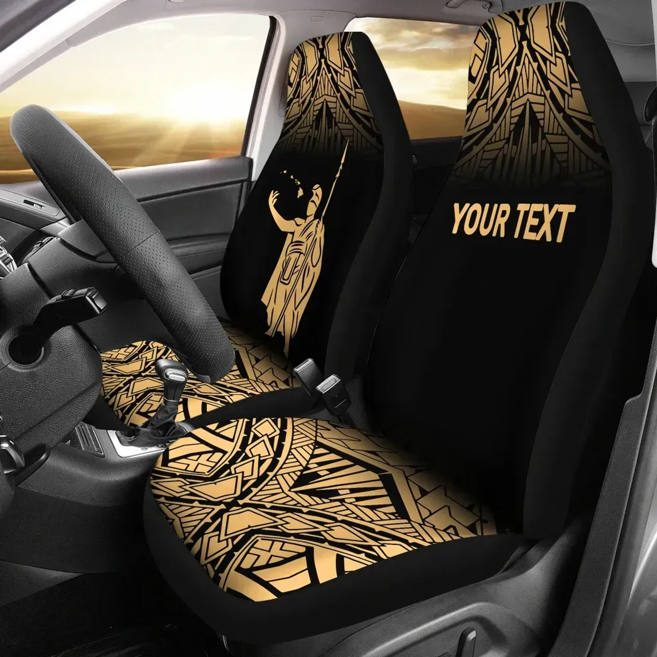 Hawaii Custom Personalised Car Seat Covers - Kamehameha King Polynesian Tattoo Fog Gold