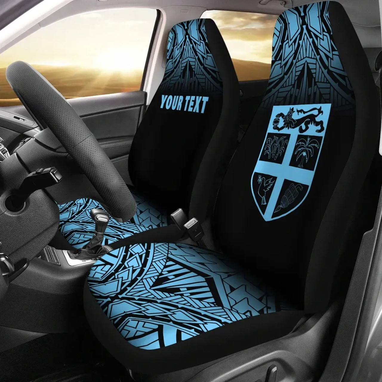 Fiji Tapa Custom Personalised Car Seat Covers - Fiji Flag Polynesian Tattoo Fog Blue
