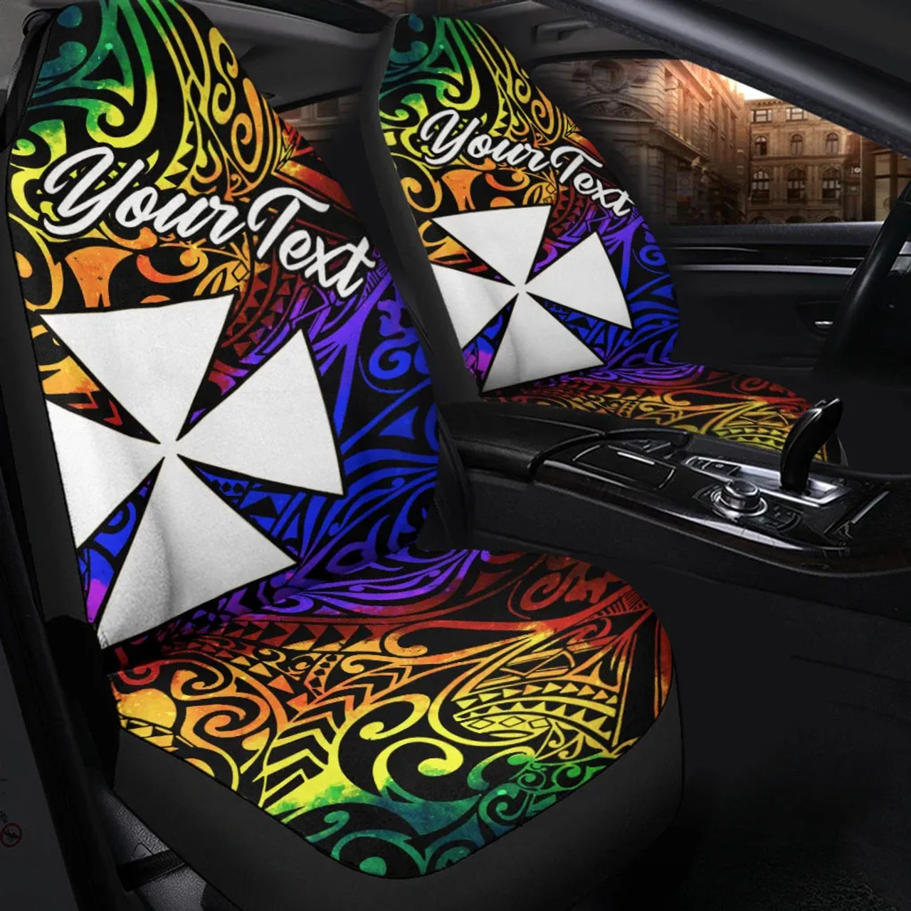 Wallis and Futuna Custom Personalised Car Seat Covers - Rainbow Polynesian Pattern